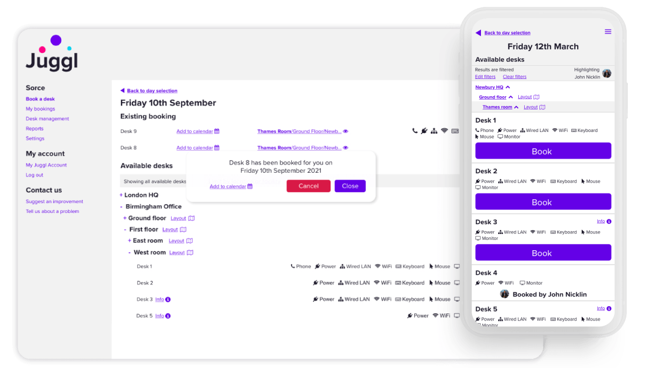 Juggl Desks mega menu desktop and mobile homepage booking screen