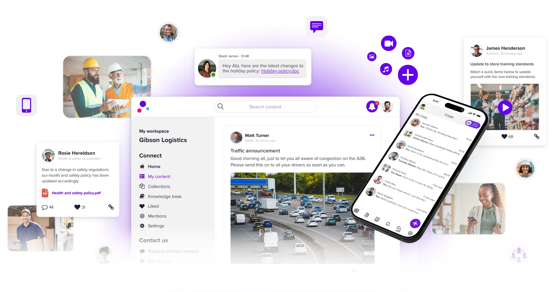 Juggl Connect Homepage And Mobile Views With Floating Features For Frontline Workers